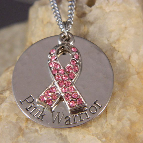 Pink Warrior Breast Cancer Pave Crystal Ribbon Necklace